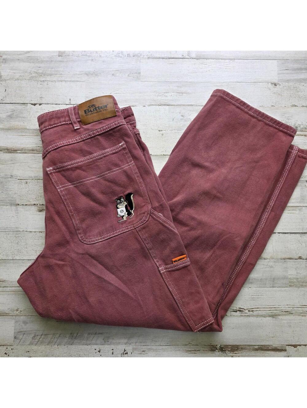 Butter Goods Jeans Sz 28x28 Embroidered Baggy Skater Drawstring Wine Red - Skunk